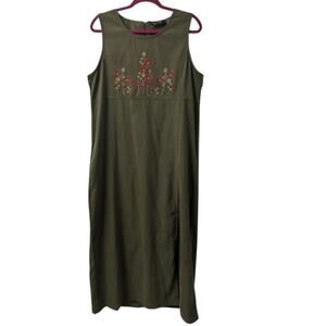 Tip top Vintage Embroider Green Sleeveless Dress autumncore midi XL cottagecore